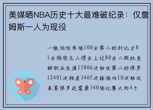 美媒晒NBA历史十大最难破纪录：仅詹姆斯一人为现役