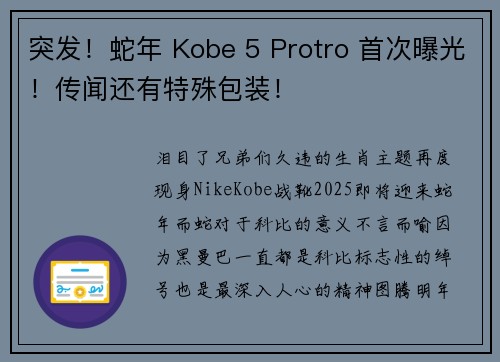 突发！蛇年 Kobe 5 Protro 首次曝光！传闻还有特殊包装！